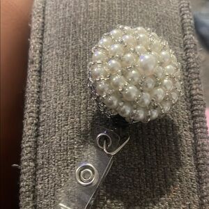 Elegant Silver and White Pearl Cluster Badge Holder